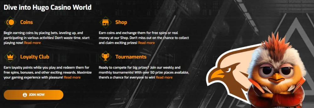 Aperçu du club de fidélité Hugo Casino avec une boutique et des tournois.